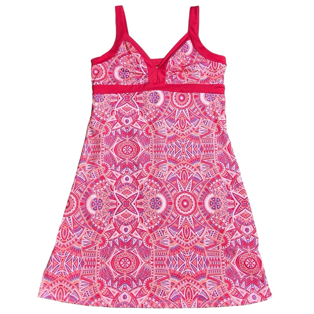 TEHAMA dress Women’s Medium Geometric‎ print back cut out Pink V-neck dress